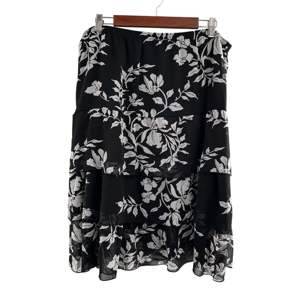 Elementz Black & White Floral Tiered Chiffon Skirt XL Ruffle Feminine Midi Boho‎